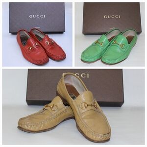 3 Pairs Gucci Men's Leather Loafers - Pumpkin, Grass, Cream, Size 9.5